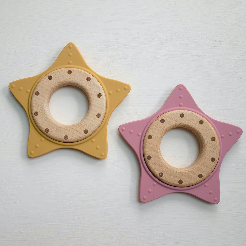 Super Star shaped silicone wood teether BPA-free in pink and mustard yellow