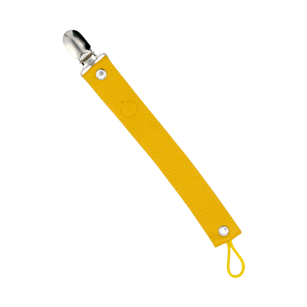 Organic leather baby dummy clip in yellow