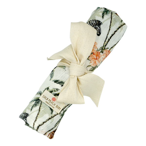 GOTS organic cotton baby muslin cloth swaddle in jungle safari leaf print