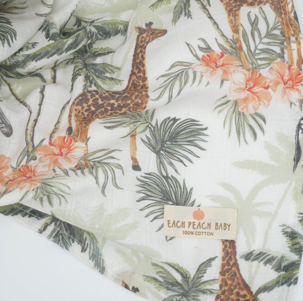 Organic cotton muslin cloth swaddle with jungle safari print