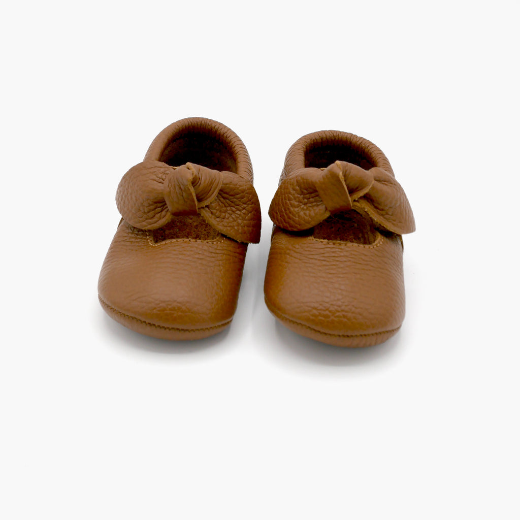 Bunny bow leather baby shoes in tan