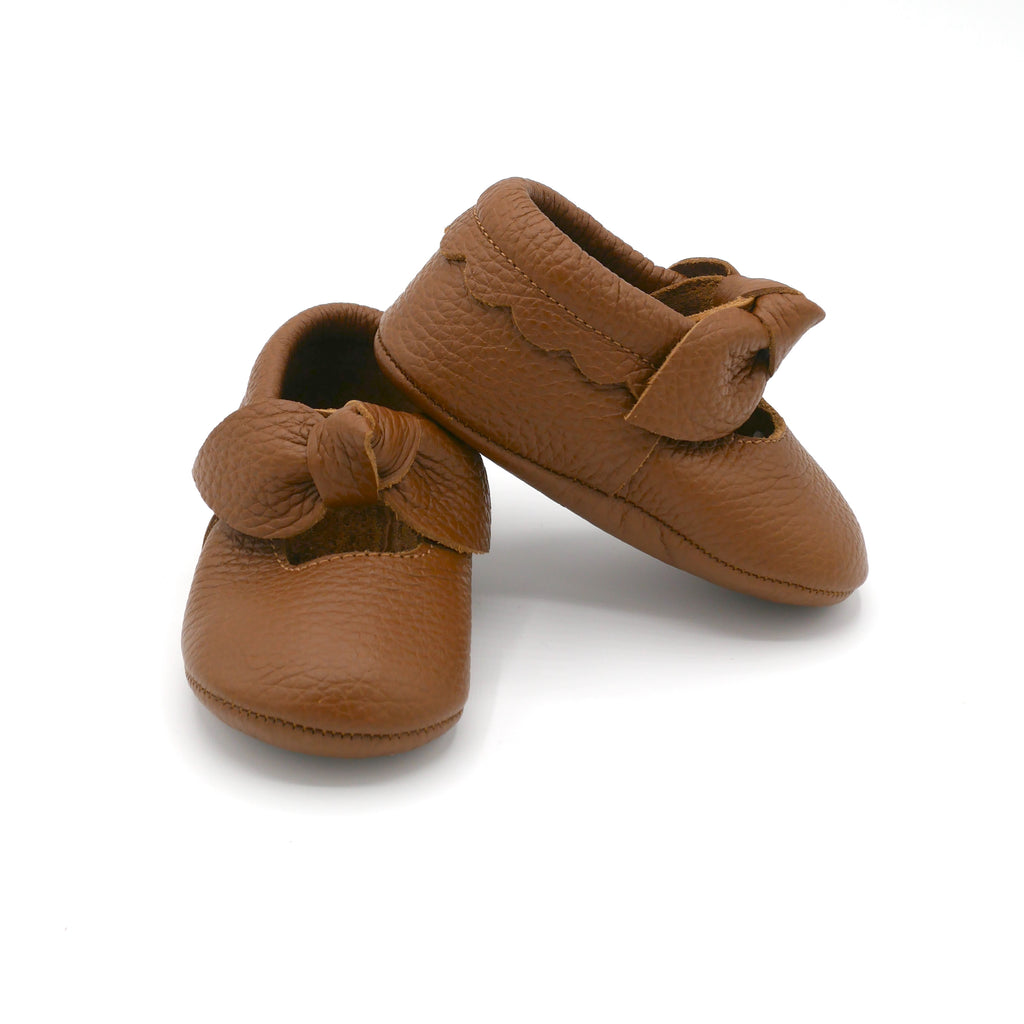 Bunny bow leather baby shoes in tan