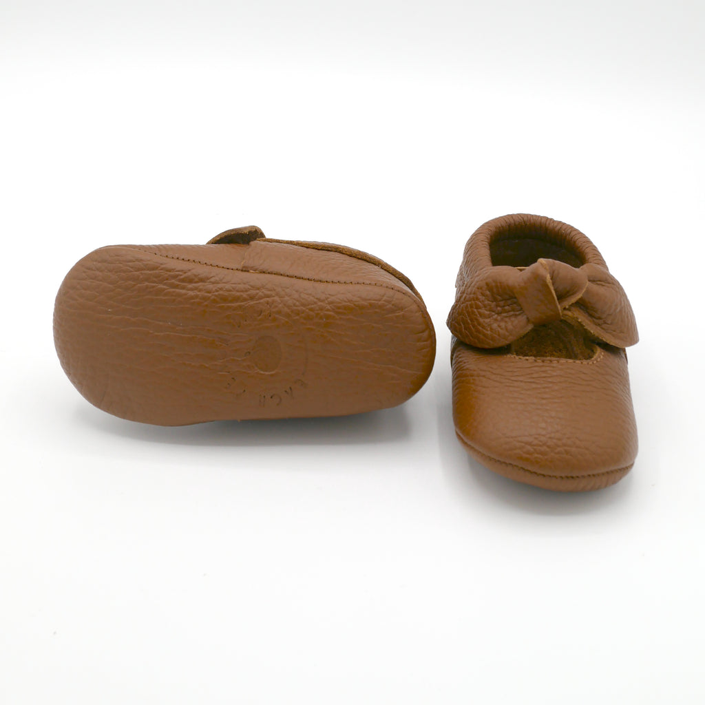 Bunny bow leather baby shoes in tan