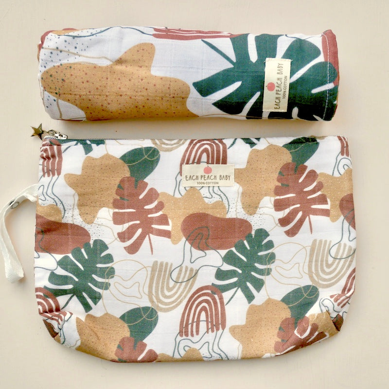 Botanical print nappy pouch and matching muslin swaddle