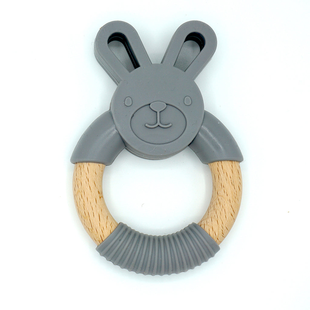 Bunny rabbit shaped baby ring teether made from BPA free silicone and natural beech wood 