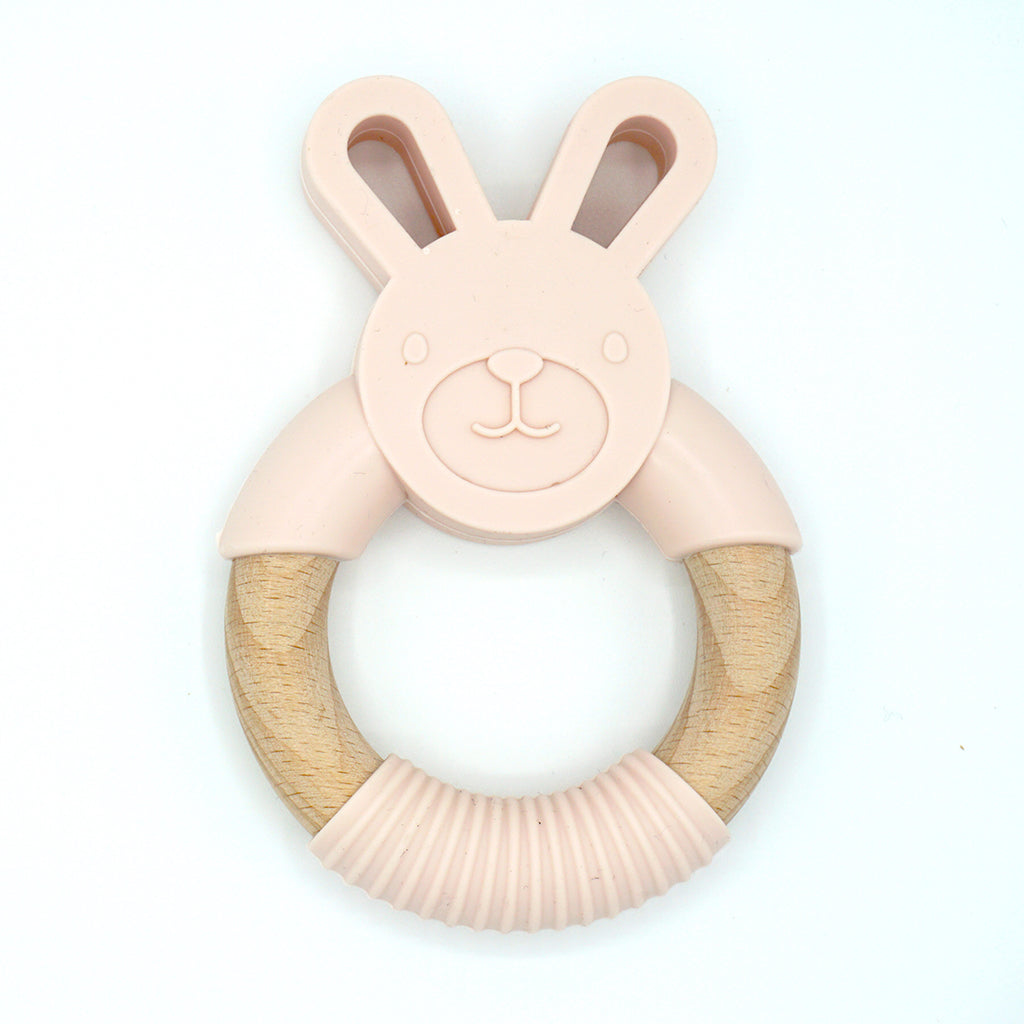 Bunny rabbit shaped baby ring teether made from BPA free silicone and natural beech wood 