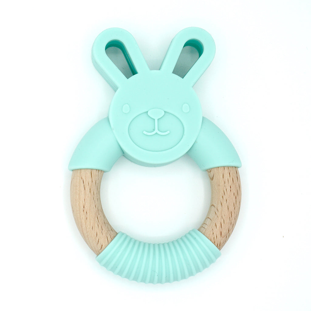 Bunny rabbit shaped baby ring teether made from BPA free silicone and natural beech wood 