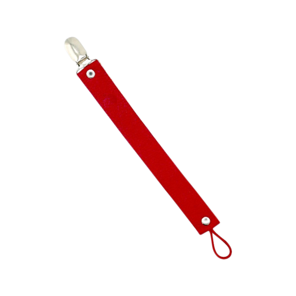 Organic leather baby dummy clip in red