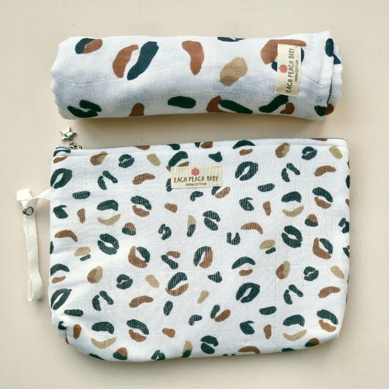 Leopard print nappy pouch and matching muslin swaddle