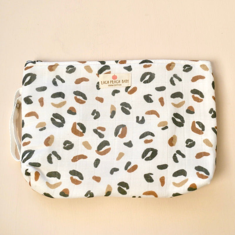 Leopard print nappy pouch and matching muslin swaddle