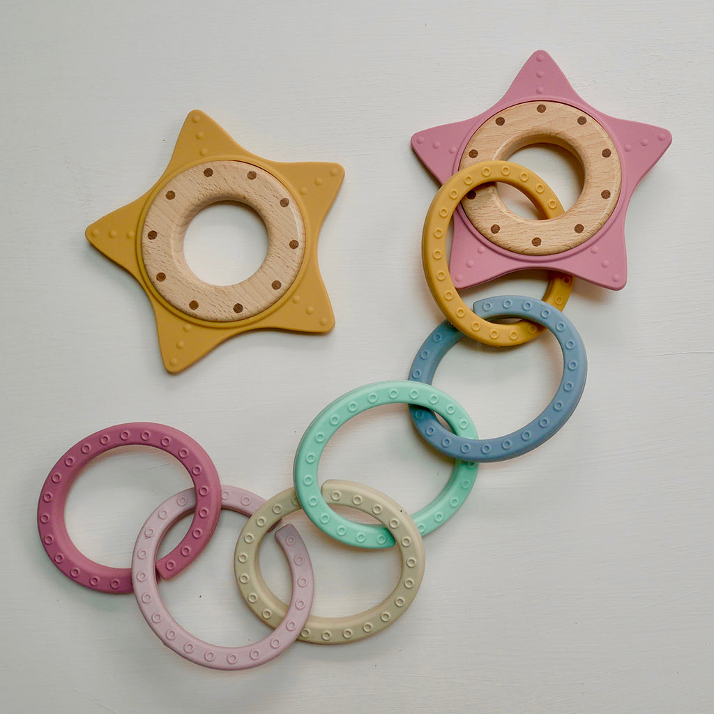 Silicone baby teething ring links BPA-free