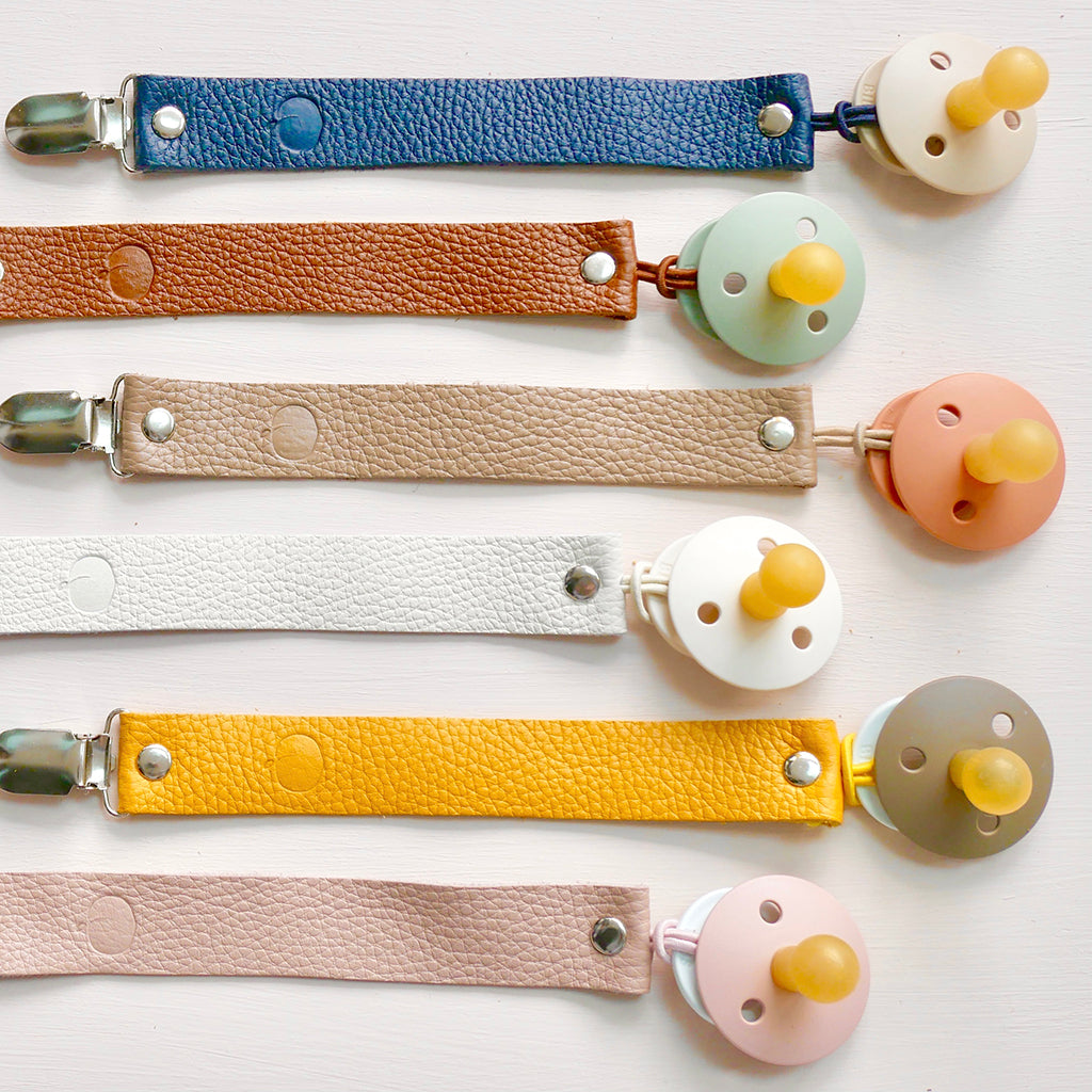 Organic leather baby dummy clip with BIBS dummies