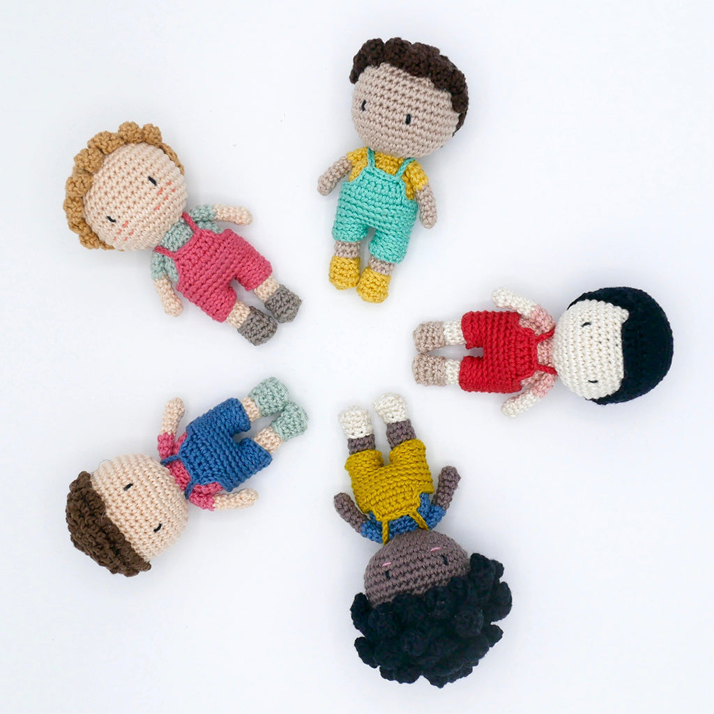 Pocket Peach boy dolls in organic cotton crochet