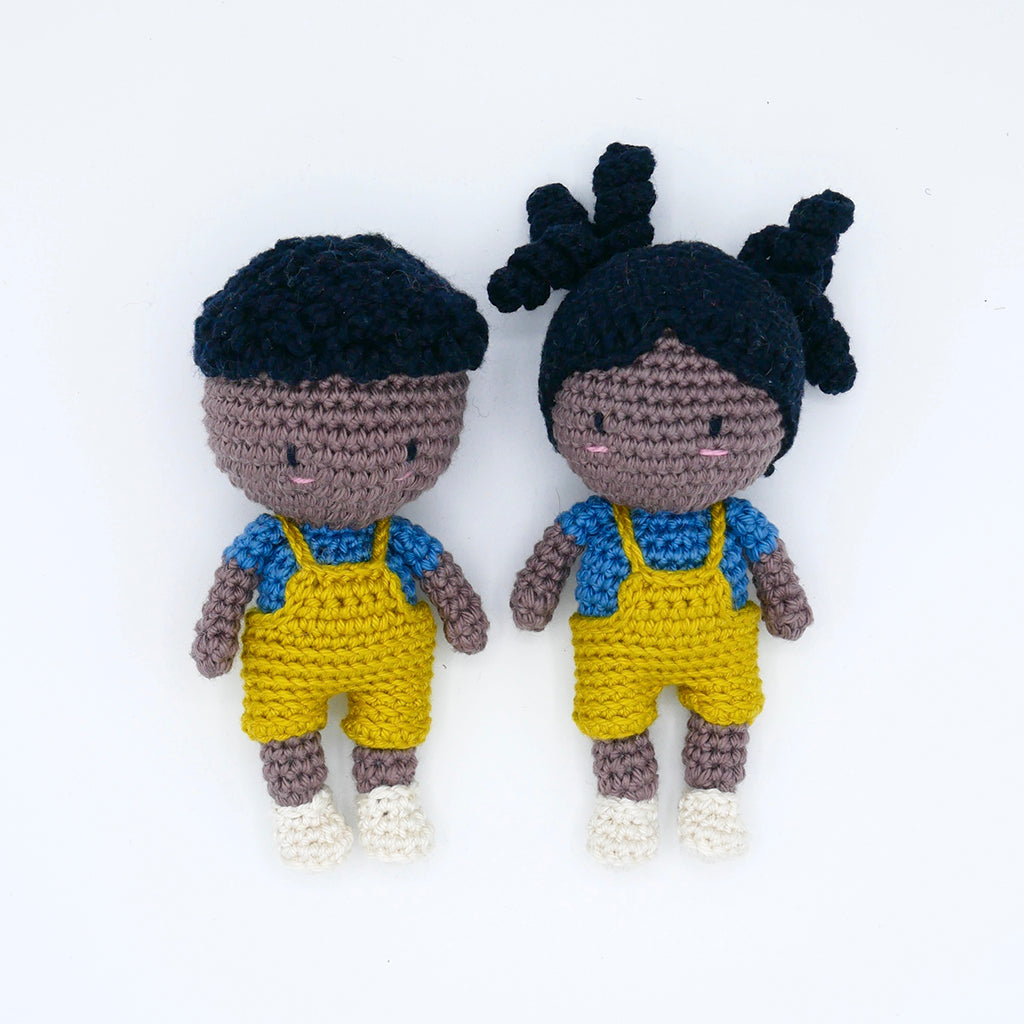Pocket Peach doll called Pax and Pixi in organic cotton crochet