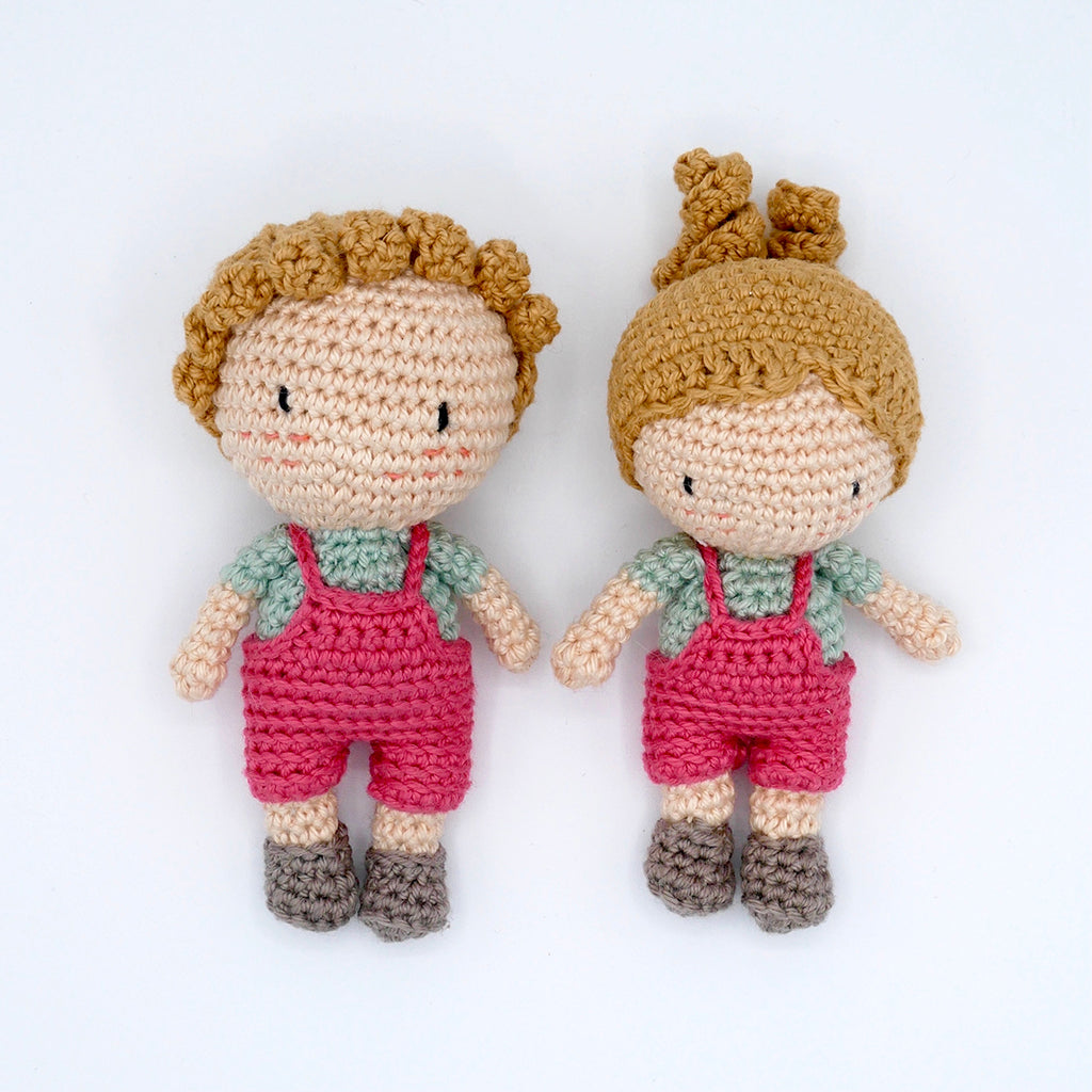 Pocket Peach dolls called Pod and Pearl in organic cotton crochet