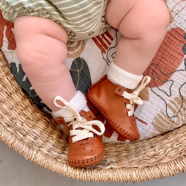 Pup lace up leather soft sole baby boots in tan