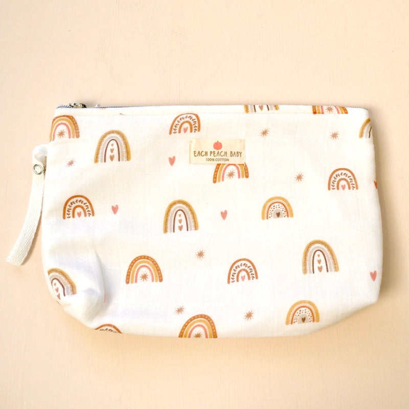 Rainbow print nappy pouch and matching muslin swaddle